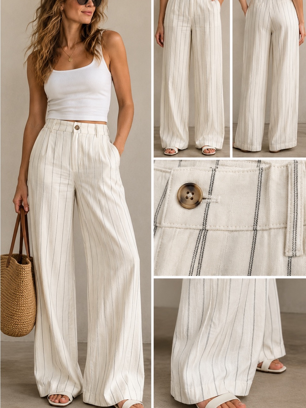 H&M Off White Pinstripe Linen Blend Wide Leg Pants US 10